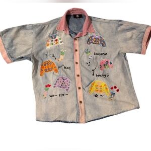 supermade denim bright multi color embroidered short sleeve denim top